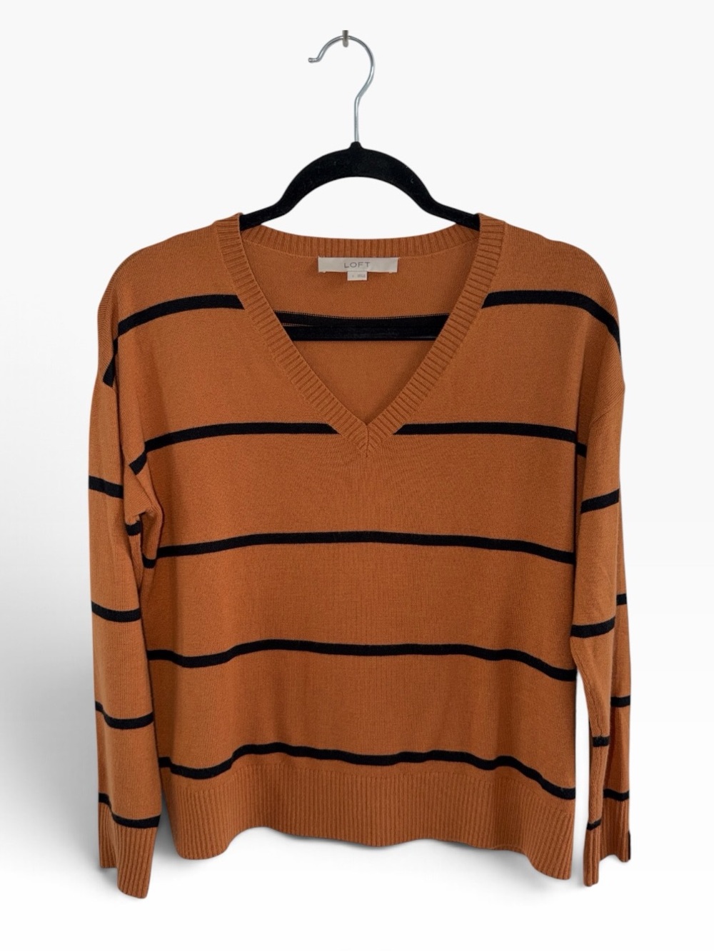 LOFT Burnt Sienna Black Stripes Pullover Sweater Size S